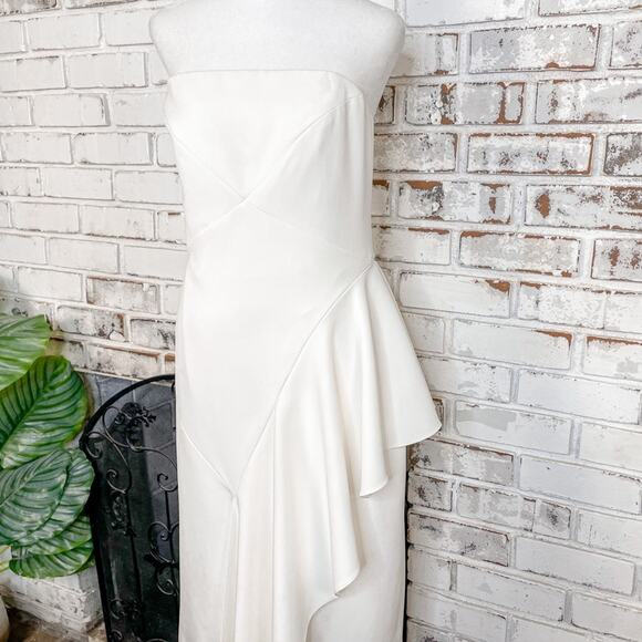 Milly Ivory White Bridal Cocktail Strapless Cascading Ruffle Front Midi Dress 12 - Picture 2 of 9